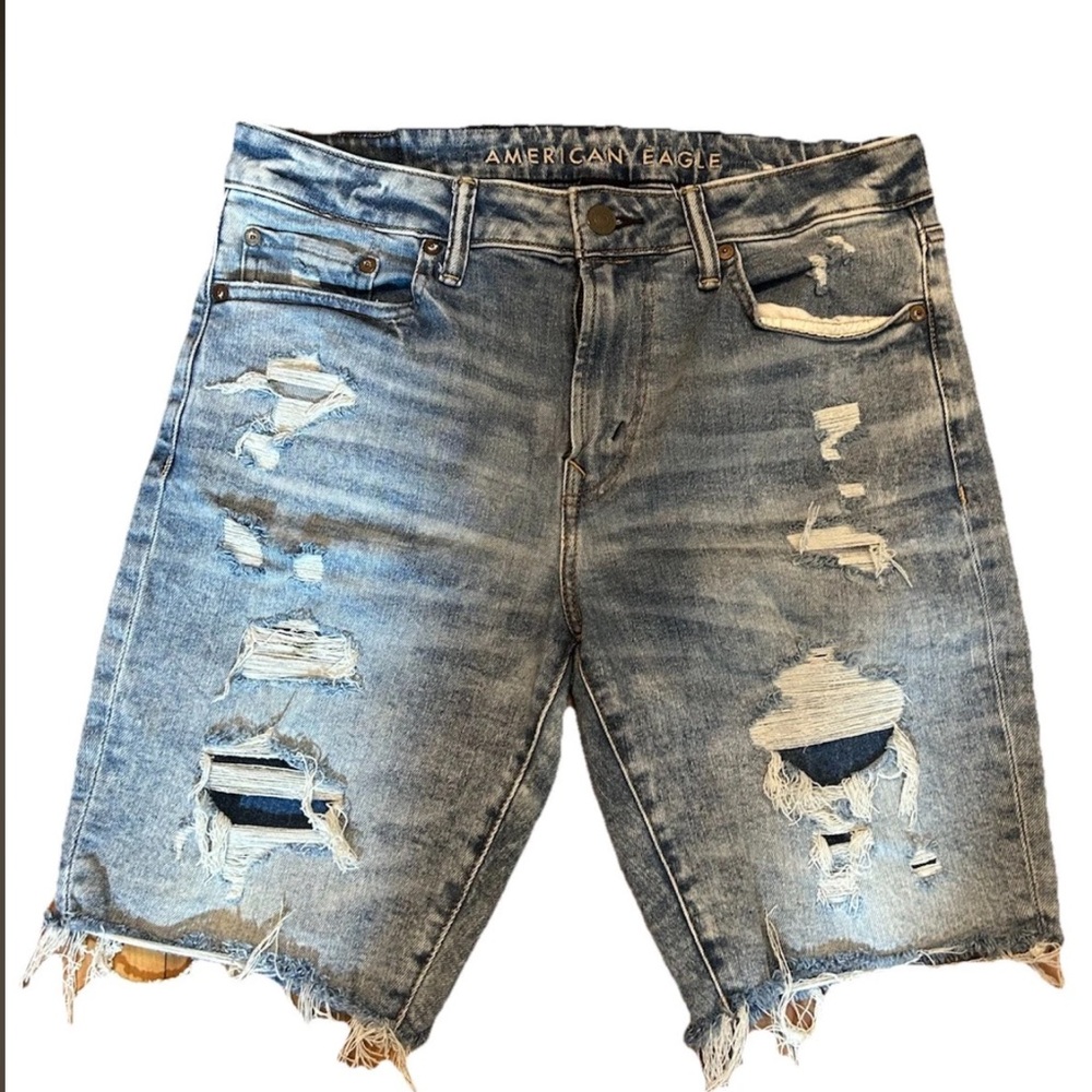 Anerican Eagle AE Men’s Cut Off Distressed Blue Denim Jean Shorts Size 32